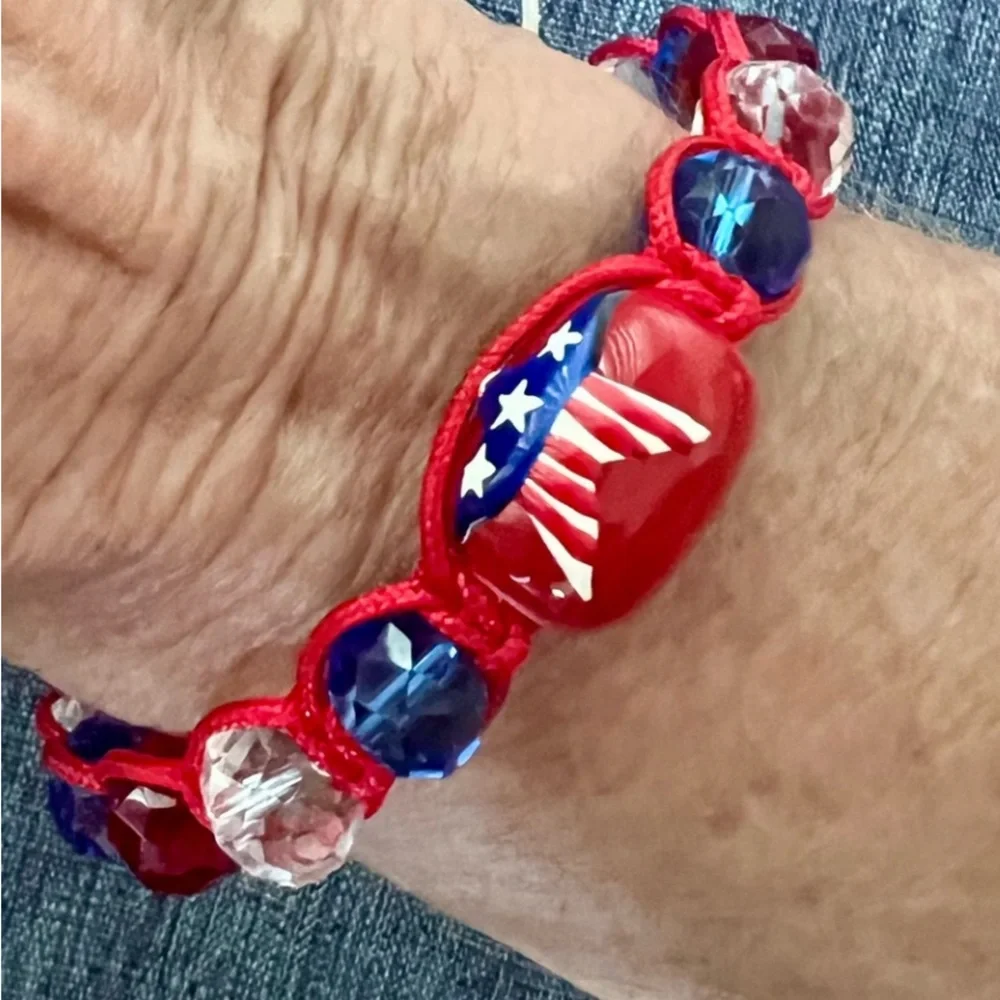 Hand Crafted Patriotic Bracelet Red, White, Blue Beads & Cord New